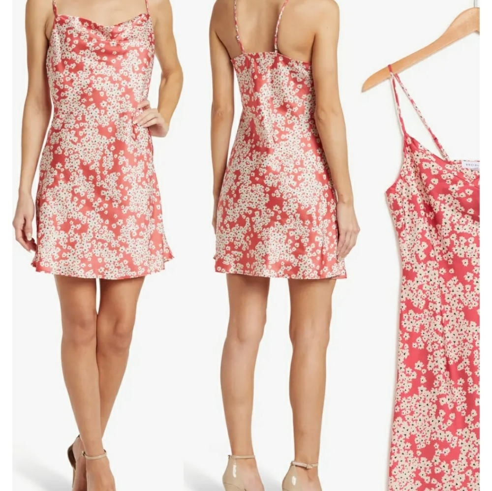 Socialite Coral & Cream floral print plunging cowl neck mini dress